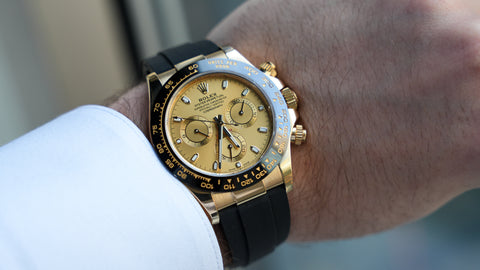 Pre-Owned Rolex Cosmograph Daytona 116518LN-0001 Full 18K Yellow Gold Black Cerachrom Ceramic Bezel Champagne Dial Oysterflex Rubber Strap Cal.4130 Automatic Chronograph Watch | Yu Wenle Black Ceramic Gold Daytona