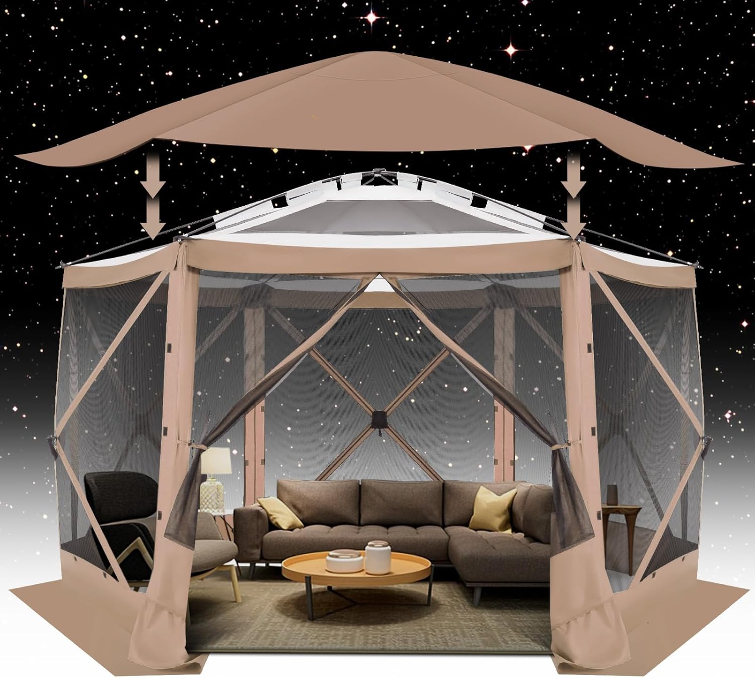 12x12FT Pop Up Gazebo Screen Tent Screen House for Camping, Camping Outdoor Screened Gazebo, Hub Tent Instant Screened Canopy with Carrying Bag and Ground Stakes, Brown(Upgraded)