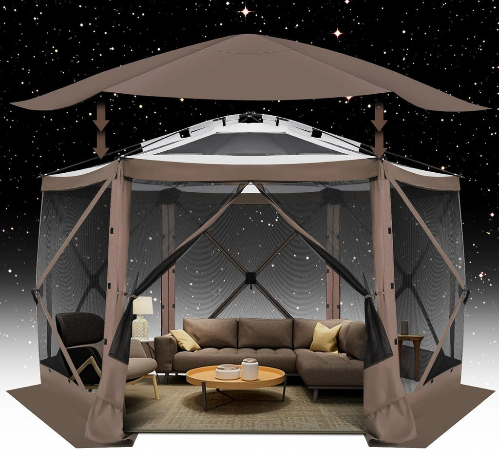 12x12FT Pop Up Gazebo Screen Tent Screen House for Camping, Camping Outdoor Screened Gazebo, Hub Tent Instant Screened Canopy with Carrying Bag and Ground Stakes, Brown(Upgraded)