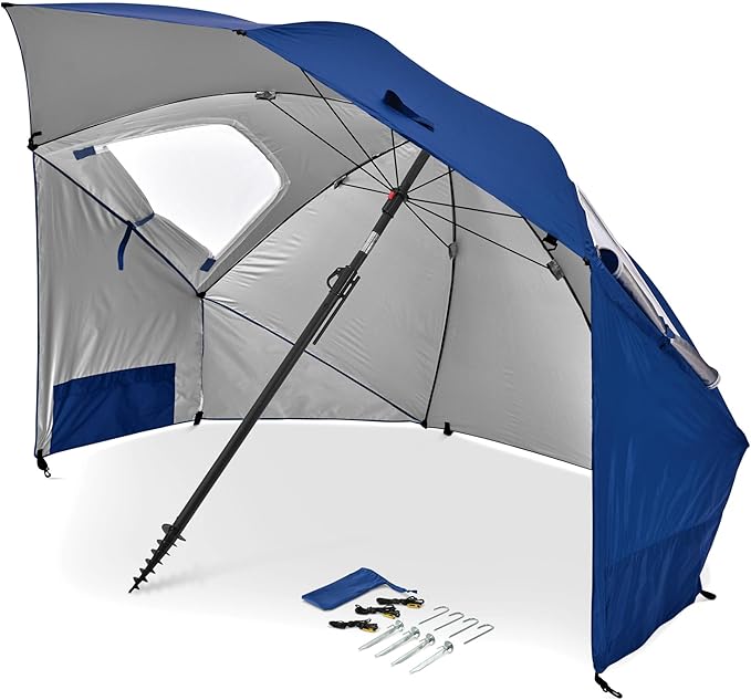 UPF 50+ Umbrella Shelter with Patented Side Panels & Tilt Mechanism, Heavy-Duty 1.25 Inch Center Pole, Auger Anchor for Sand & Grass