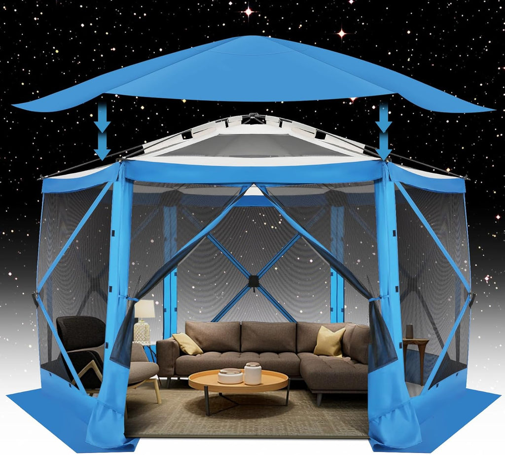 12x12FT Pop Up Gazebo Screen Tent Screen House for Camping, Camping Outdoor Screened Gazebo, Hub Tent Instant Screened Canopy with Carrying Bag and Ground Stakes, Brown(Upgraded)