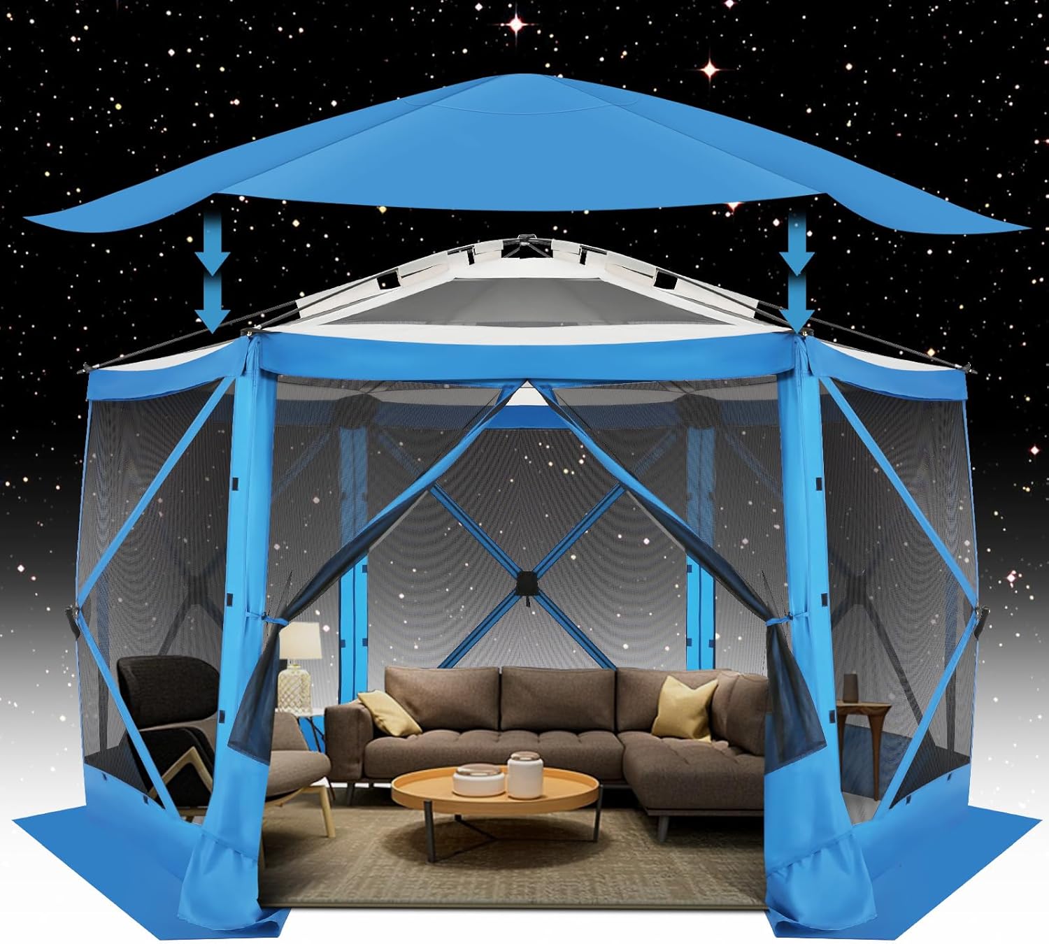 12x12FT Pop Up Gazebo Screen Tent Screen House for Camping, Camping Outdoor Screened Gazebo, Hub Tent Instant Screened Canopy with Carrying Bag and Ground Stakes, Brown(Upgraded)