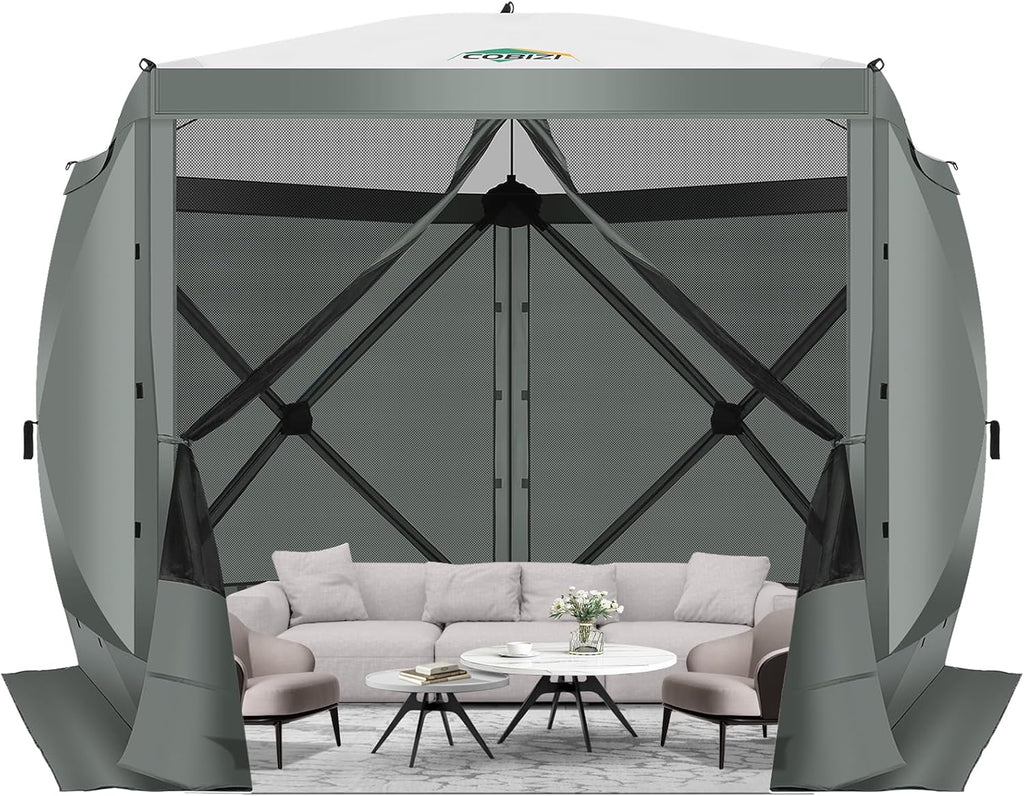 12x12FT Pop Up Gazebo Screen Tent Screen House for Camping, Camping Outdoor Screened Gazebo, Hub Tent Instant Screened Canopy with Carrying Bag and Ground Stakes, Brown(Upgraded)