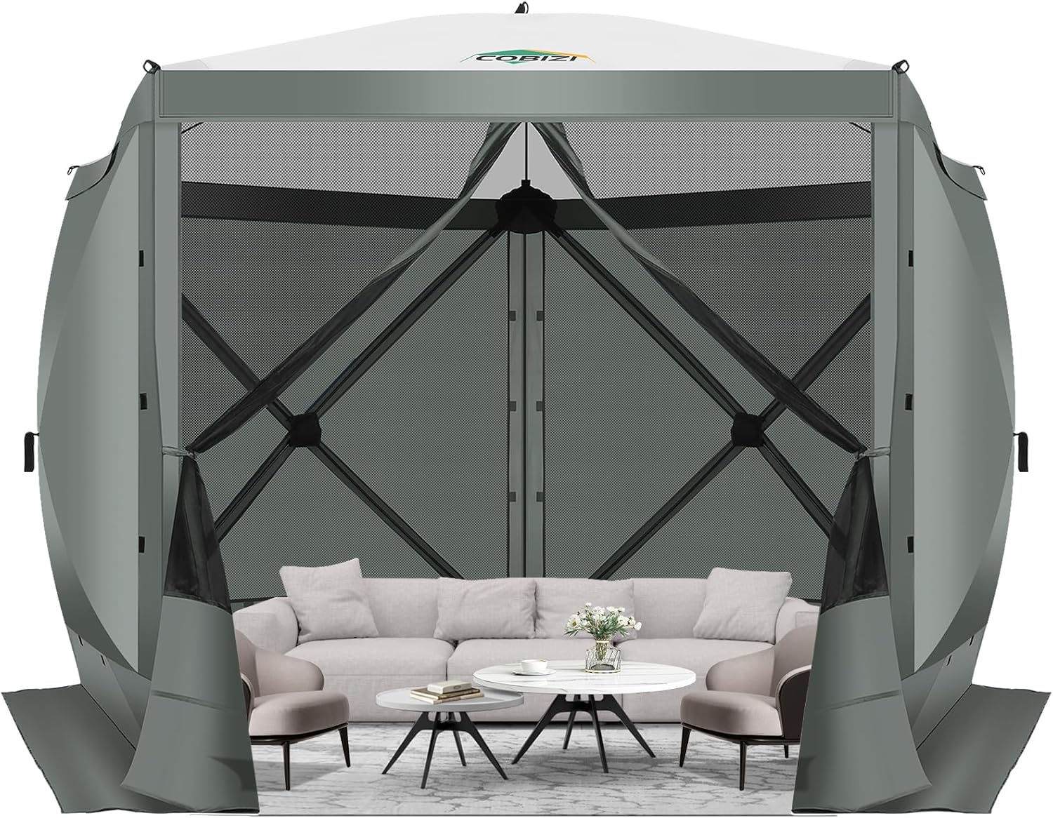 12x12FT Pop Up Gazebo Screen Tent Screen House for Camping, Camping Outdoor Screened Gazebo, Hub Tent Instant Screened Canopy with Carrying Bag and Ground Stakes, Brown(Upgraded)