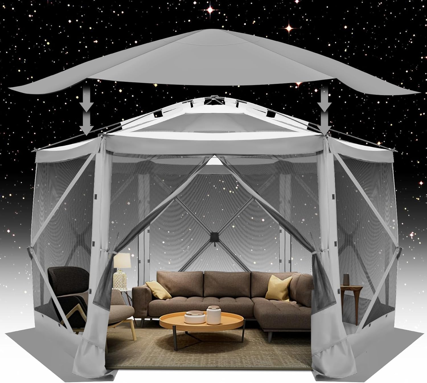12x12FT Pop Up Gazebo Screen Tent Screen House for Camping, Camping Outdoor Screened Gazebo, Hub Tent Instant Screened Canopy with Carrying Bag and Ground Stakes, Brown(Upgraded)