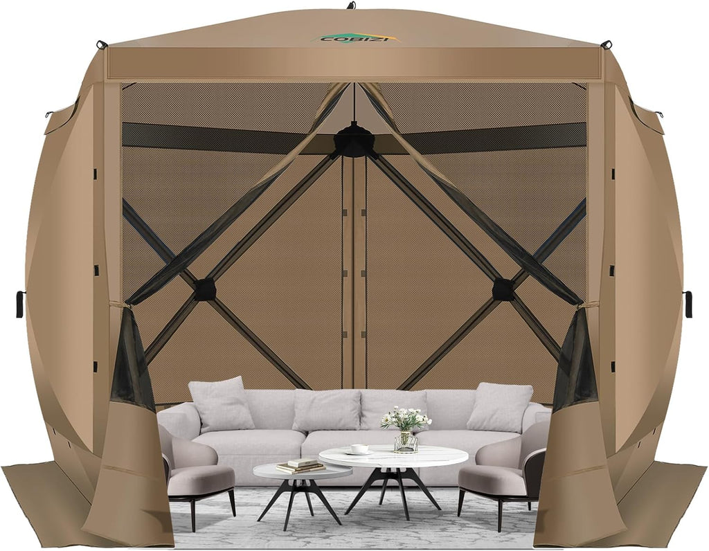 12x12FT Pop Up Gazebo Screen Tent Screen House for Camping, Camping Outdoor Screened Gazebo, Hub Tent Instant Screened Canopy with Carrying Bag and Ground Stakes, Brown(Upgraded)