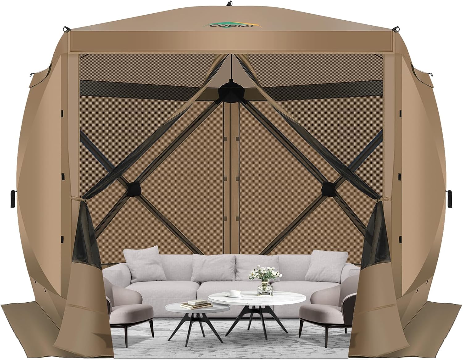 12x12FT Pop Up Gazebo Screen Tent Screen House for Camping, Camping Outdoor Screened Gazebo, Hub Tent Instant Screened Canopy with Carrying Bag and Ground Stakes, Brown(Upgraded)