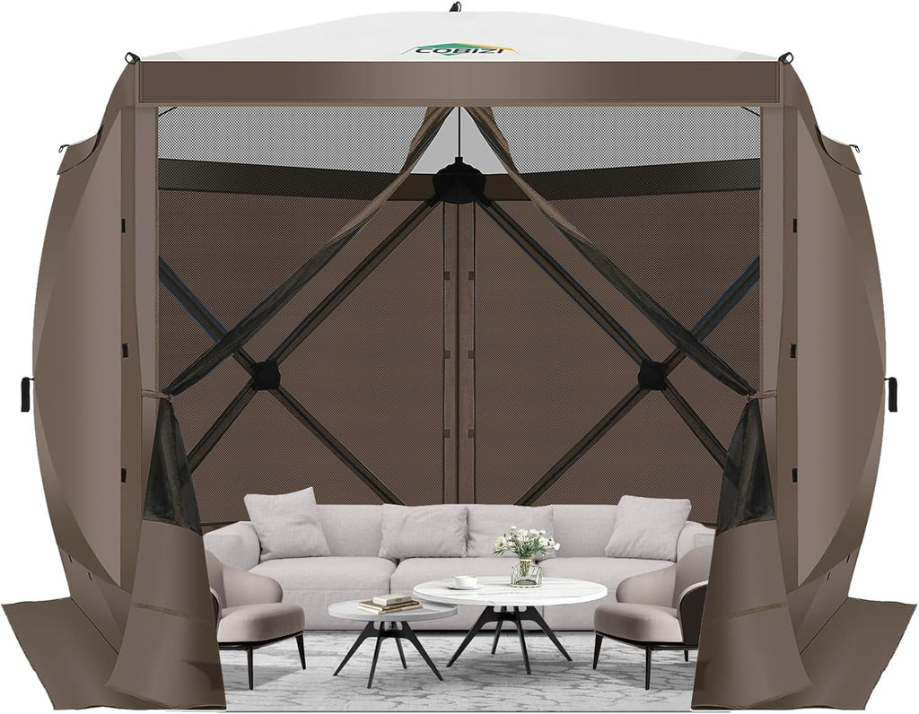 12x12FT Pop Up Gazebo Screen Tent Screen House for Camping, Camping Outdoor Screened Gazebo, Hub Tent Instant Screened Canopy with Carrying Bag and Ground Stakes, Brown(Upgraded)