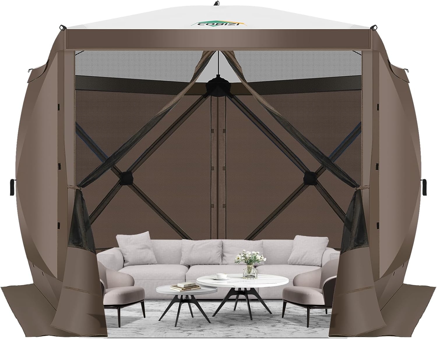12x12FT Pop Up Gazebo Screen Tent Screen House for Camping, Camping Outdoor Screened Gazebo, Hub Tent Instant Screened Canopy with Carrying Bag and Ground Stakes, Brown(Upgraded)