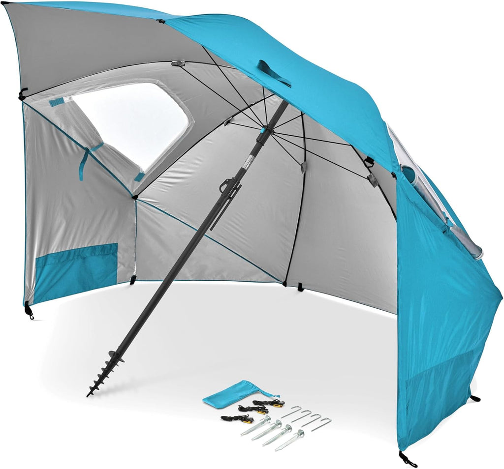 UPF 50+ Umbrella Shelter with Patented Side Panels & Tilt Mechanism, Heavy-Duty 1.25 Inch Center Pole, Auger Anchor for Sand & Grass