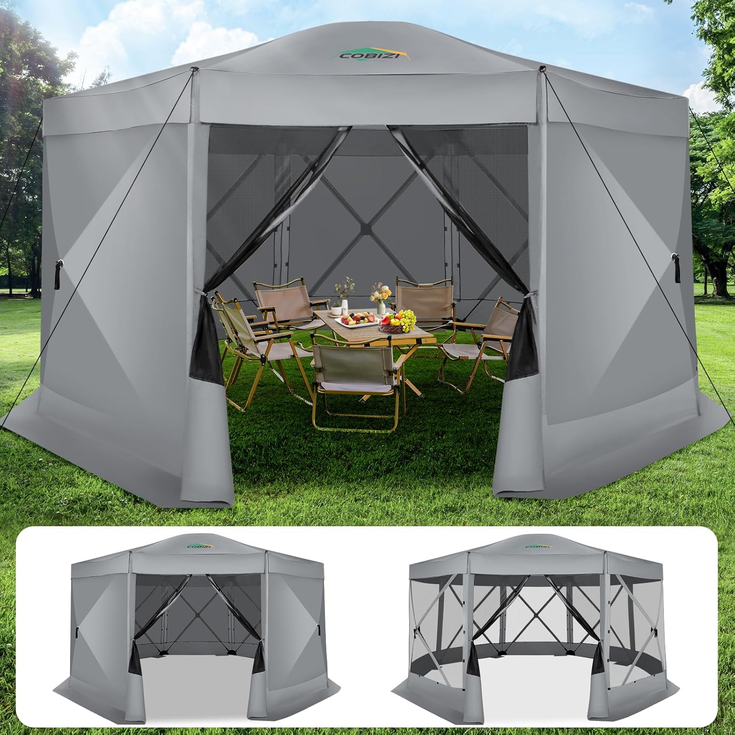 12x12FT Pop Up Gazebo Screen Tent Screen House for Camping, Camping Outdoor Screened Gazebo, Hub Tent Instant Screened Canopy with Carrying Bag and Ground Stakes, Brown(Upgraded)