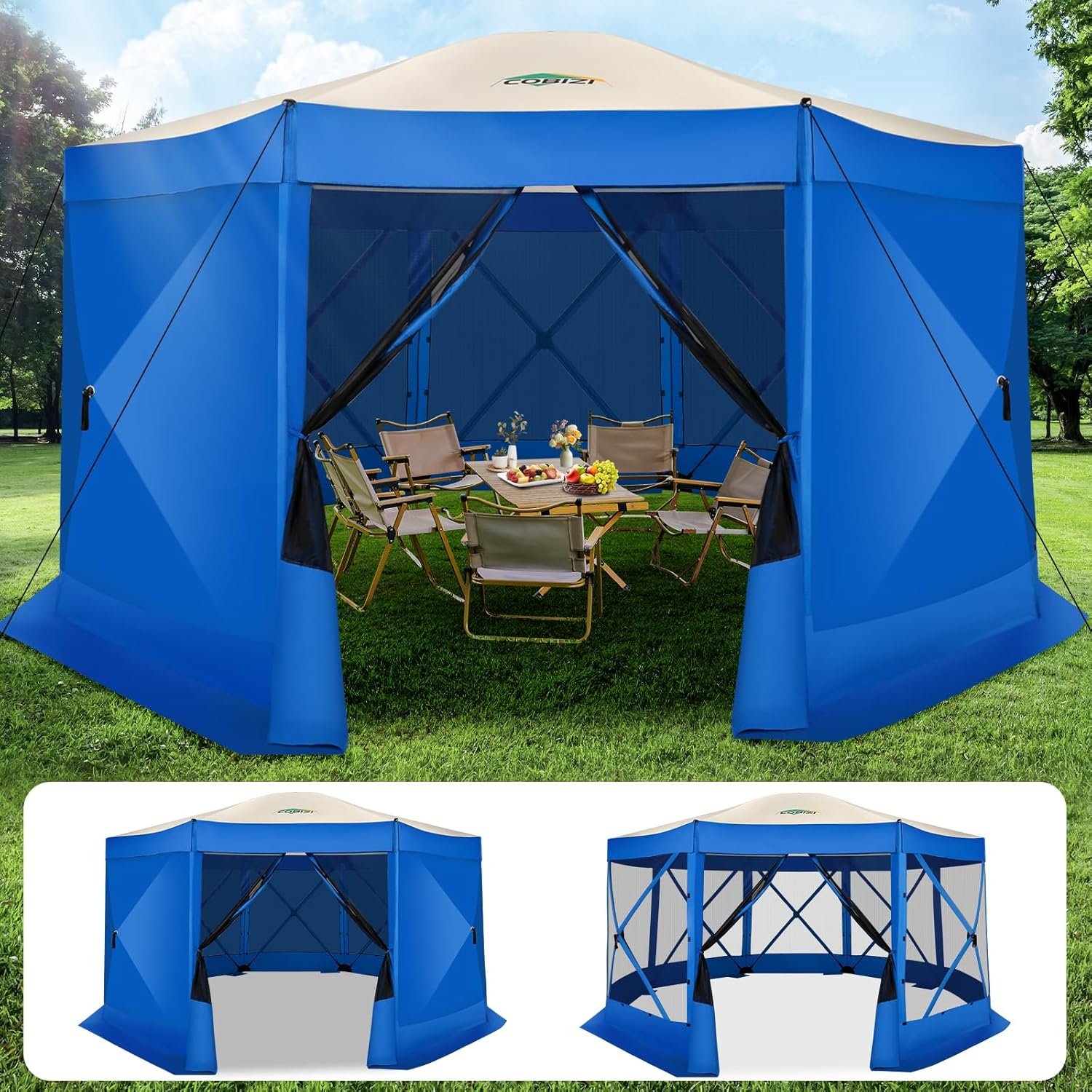 12x12FT Pop Up Gazebo Screen Tent Screen House for Camping, Camping Outdoor Screened Gazebo, Hub Tent Instant Screened Canopy with Carrying Bag and Ground Stakes, Brown(Upgraded)