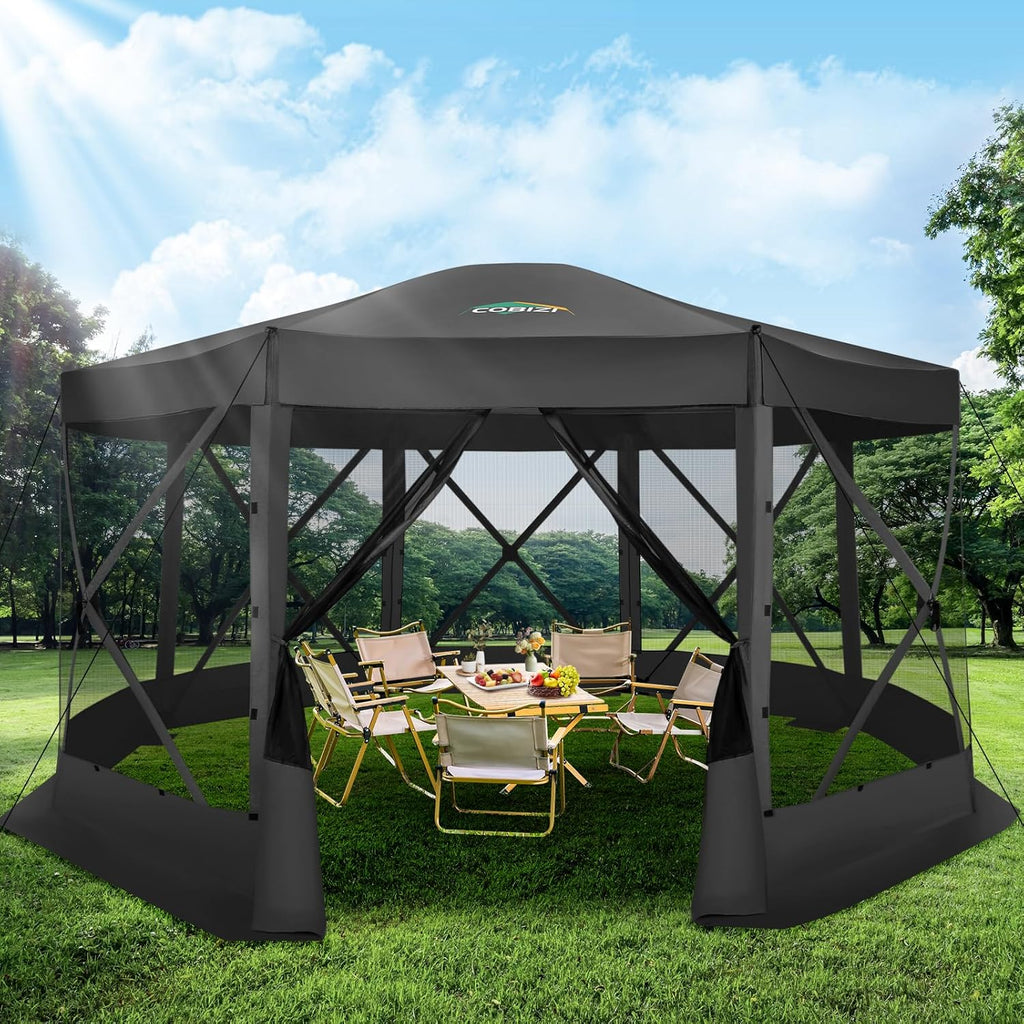 12x12FT Pop Up Gazebo Screen Tent Screen House for Camping, Camping Outdoor Screened Gazebo, Hub Tent Instant Screened Canopy with Carrying Bag and Ground Stakes, Brown(Upgraded)