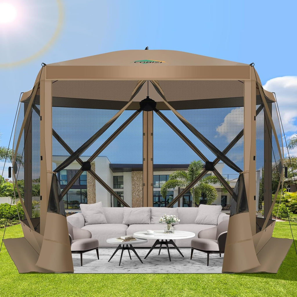 12x12FT Pop Up Gazebo Screen Tent Screen House for Camping, Camping Outdoor Screened Gazebo, Hub Tent Instant Screened Canopy with Carrying Bag and Ground Stakes, Brown(Upgraded)