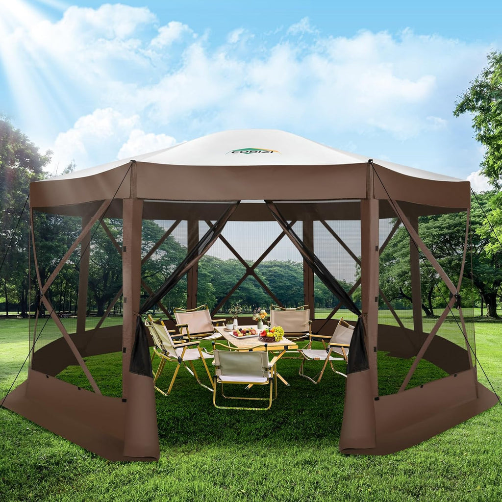 12x12FT Pop Up Gazebo Screen Tent Screen House for Camping, Camping Outdoor Screened Gazebo, Hub Tent Instant Screened Canopy with Carrying Bag and Ground Stakes, Brown(Upgraded)