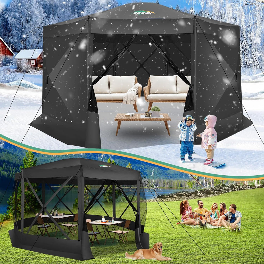 12x12FT Pop Up Gazebo Screen Tent Screen House for Camping, Camping Outdoor Screened Gazebo, Hub Tent Instant Screened Canopy with Carrying Bag and Ground Stakes, Brown(Upgraded)