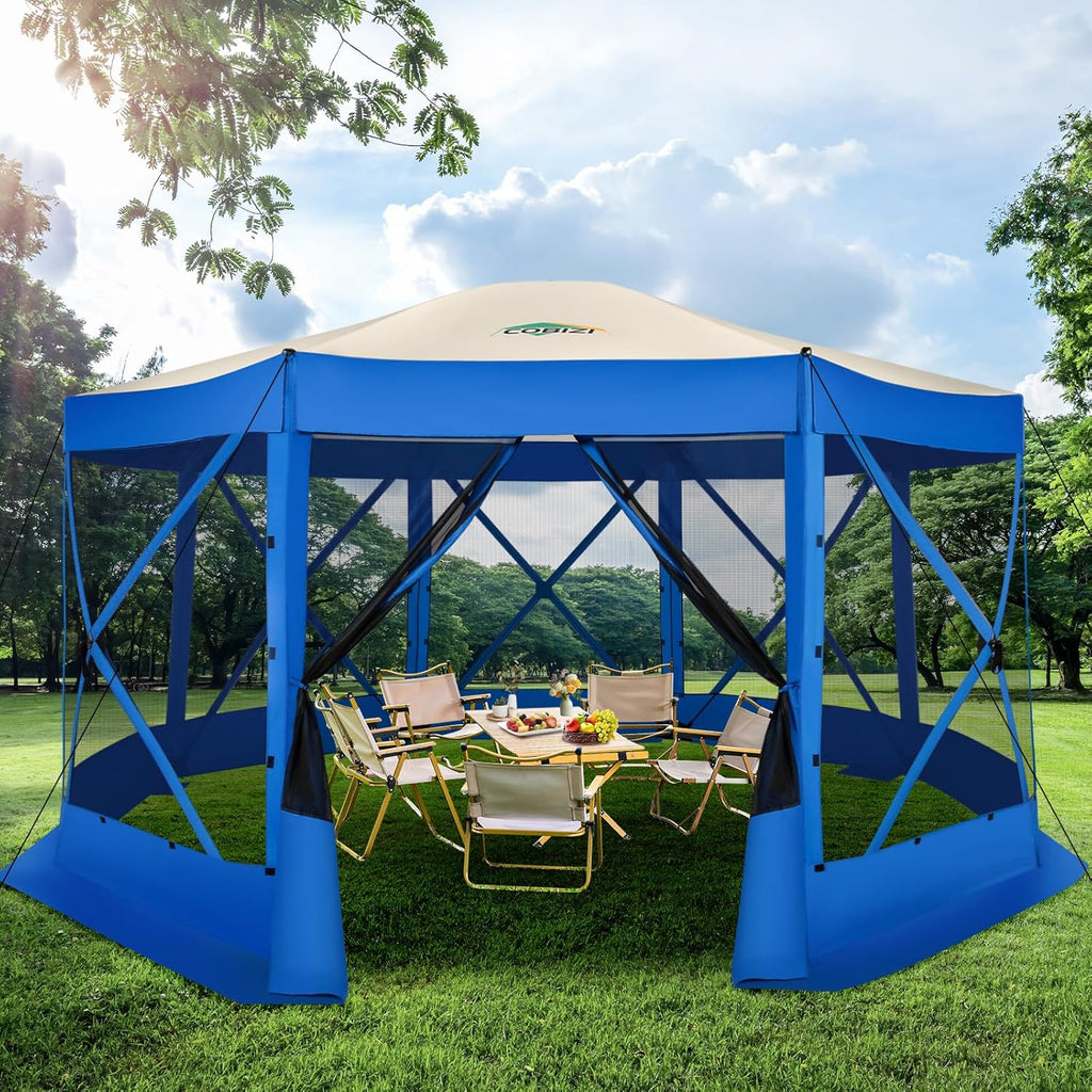 12x12FT Pop Up Gazebo Screen Tent Screen House for Camping, Camping Outdoor Screened Gazebo, Hub Tent Instant Screened Canopy with Carrying Bag and Ground Stakes, Brown(Upgraded)