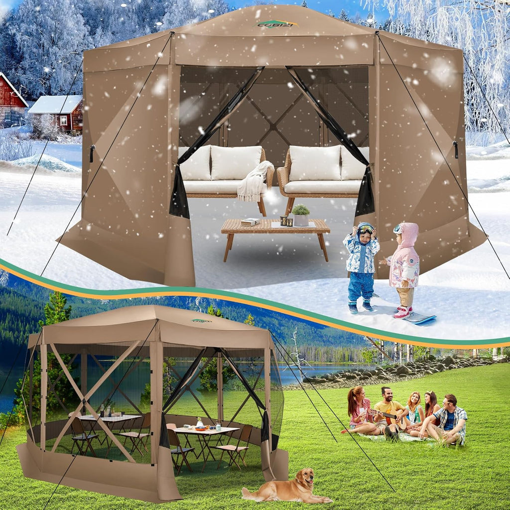12x12FT Pop Up Gazebo Screen Tent Screen House for Camping, Camping Outdoor Screened Gazebo, Hub Tent Instant Screened Canopy with Carrying Bag and Ground Stakes, Brown(Upgraded)