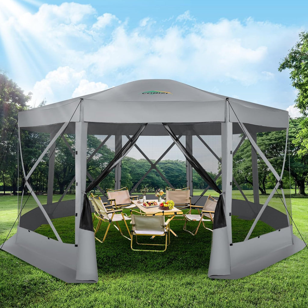 12x12FT Pop Up Gazebo Screen Tent Screen House for Camping, Camping Outdoor Screened Gazebo, Hub Tent Instant Screened Canopy with Carrying Bag and Ground Stakes, Brown(Upgraded)