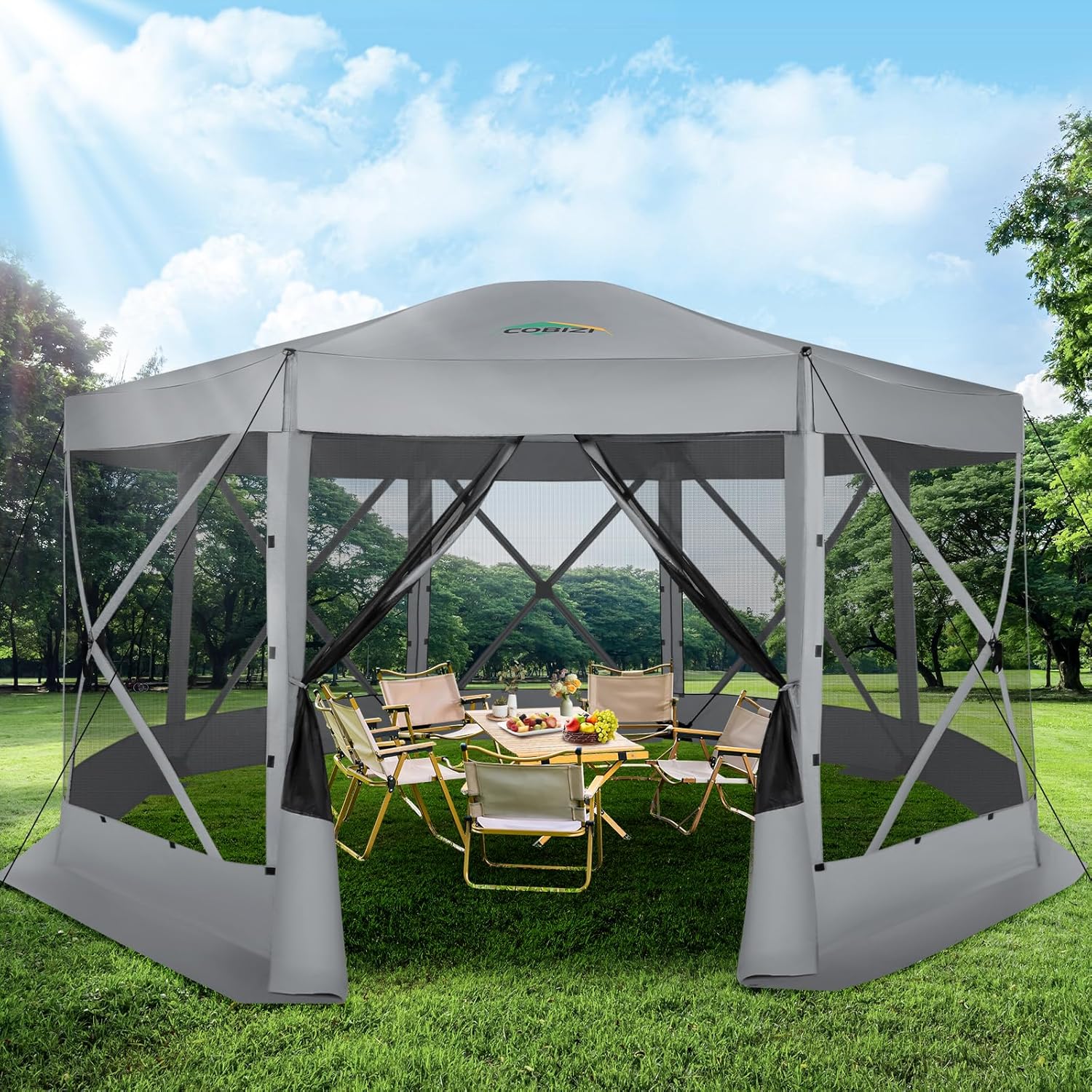 12x12FT Pop Up Gazebo Screen Tent Screen House for Camping, Camping Outdoor Screened Gazebo, Hub Tent Instant Screened Canopy with Carrying Bag and Ground Stakes, Brown(Upgraded)