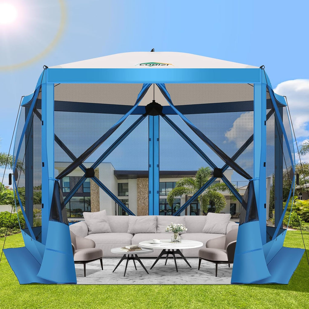 12x12FT Pop Up Gazebo Screen Tent Screen House for Camping, Camping Outdoor Screened Gazebo, Hub Tent Instant Screened Canopy with Carrying Bag and Ground Stakes, Brown(Upgraded)