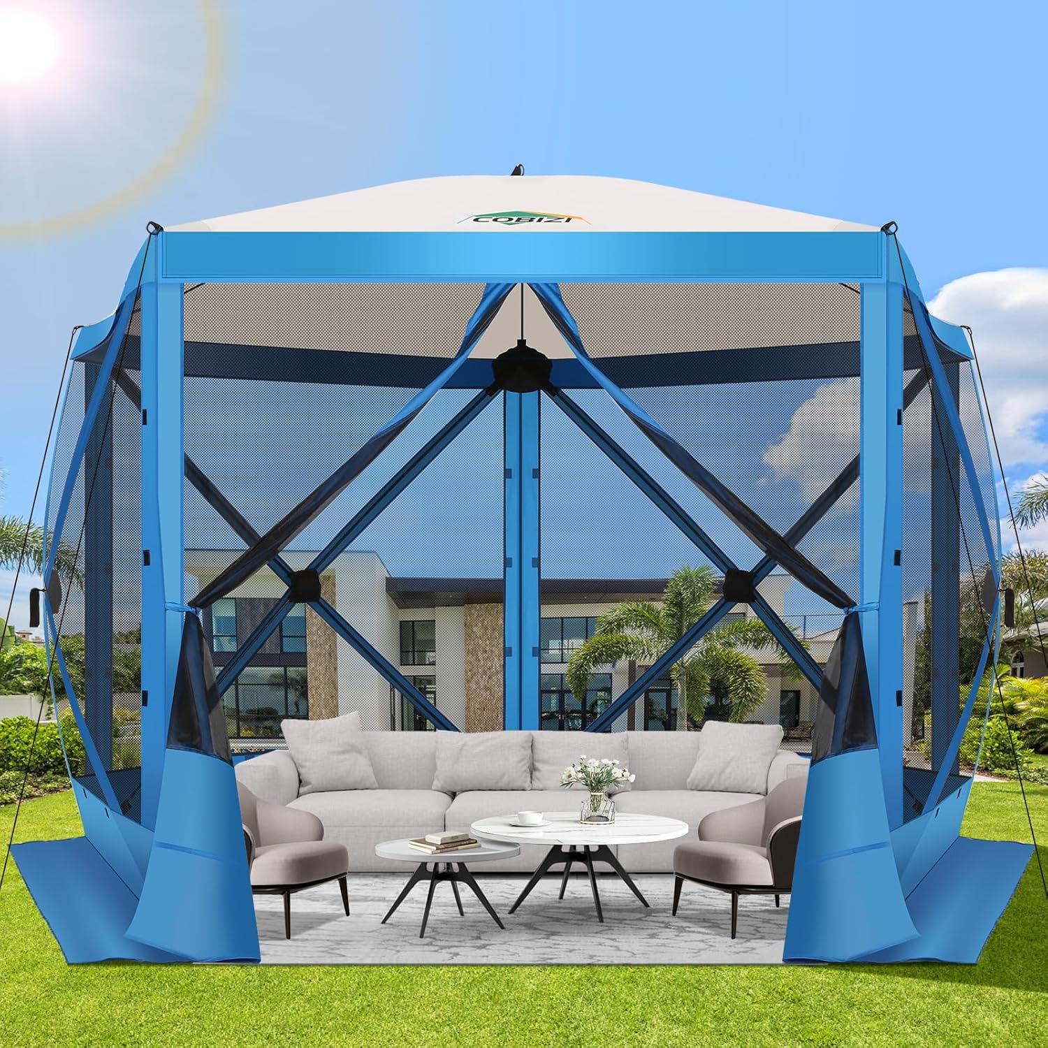 12x12FT Pop Up Gazebo Screen Tent Screen House for Camping, Camping Outdoor Screened Gazebo, Hub Tent Instant Screened Canopy with Carrying Bag and Ground Stakes, Brown(Upgraded)