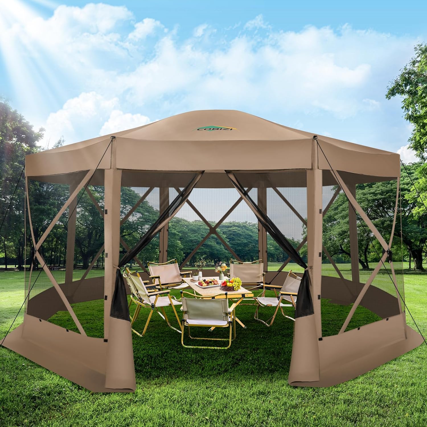 12x12FT Pop Up Gazebo Screen Tent Screen House for Camping, Camping Outdoor Screened Gazebo, Hub Tent Instant Screened Canopy with Carrying Bag and Ground Stakes, Brown(Upgraded)