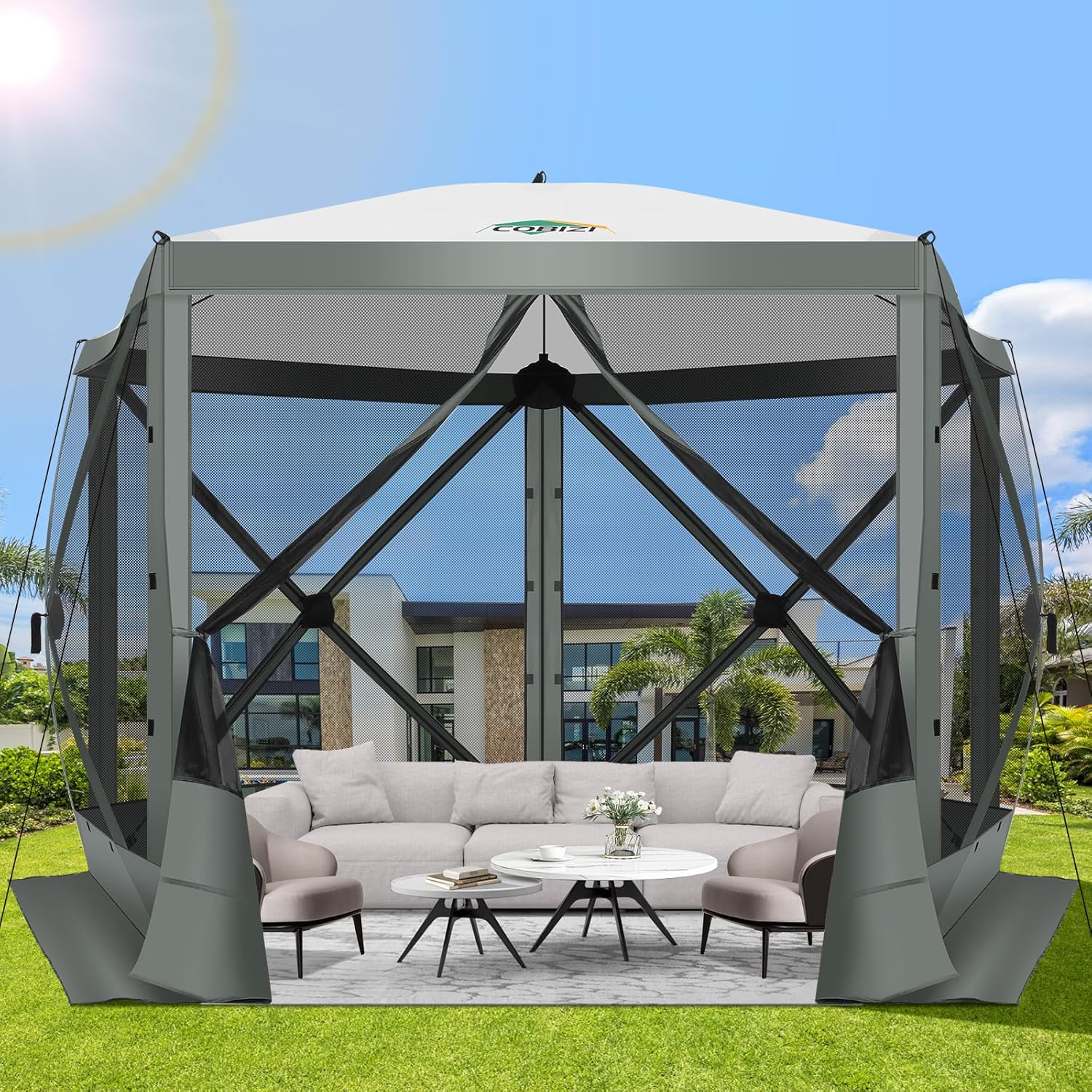 12x12FT Pop Up Gazebo Screen Tent Screen House for Camping, Camping Outdoor Screened Gazebo, Hub Tent Instant Screened Canopy with Carrying Bag and Ground Stakes, Brown(Upgraded)