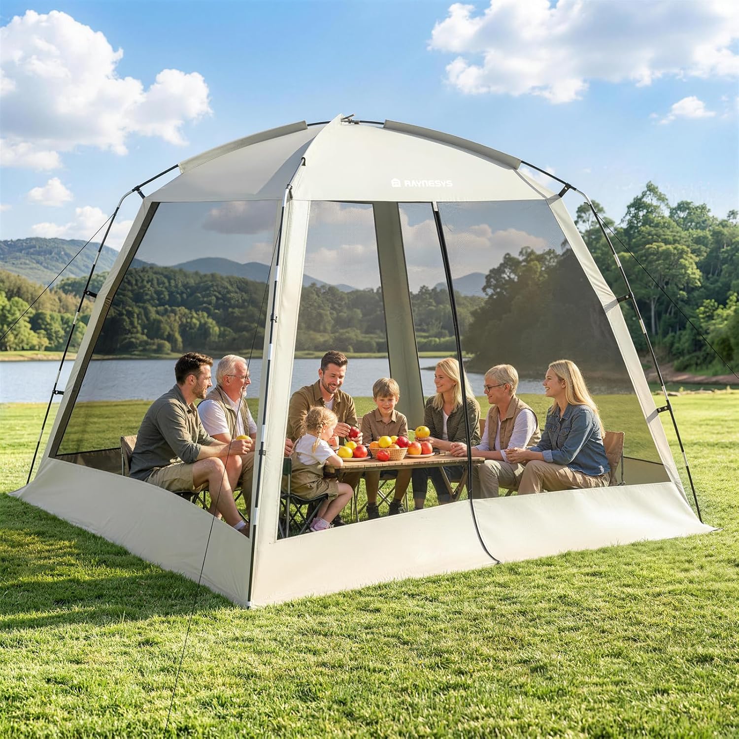 8 × 8ft Camping Screen Tent for 6-8 People, Easy Setup House Tent with 8 Ground Stakes & 4 Windproof Ropes, Portable Screened Canopy with Mosquito Net for Outdoor, Patios, Backyard, Beige