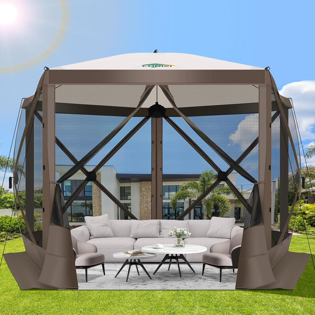 12x12FT Pop Up Gazebo Screen Tent Screen House for Camping, Camping Outdoor Screened Gazebo, Hub Tent Instant Screened Canopy with Carrying Bag and Ground Stakes, Brown(Upgraded)
